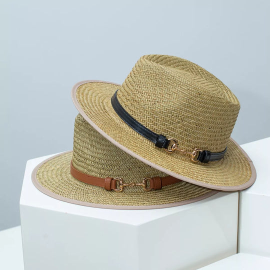 Straw Fedora with Gold-Tone Buckle Band in Black and Brown