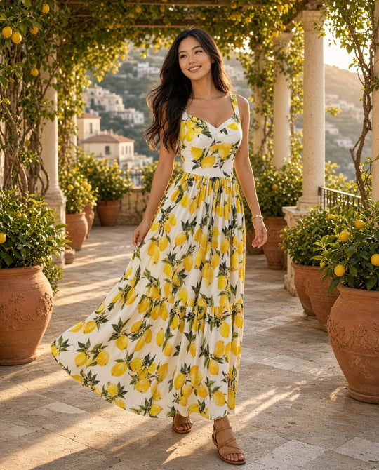 Model wearing the Lemon Print Tiered Maxi Dress on an Amalfi lemon-grove terrace