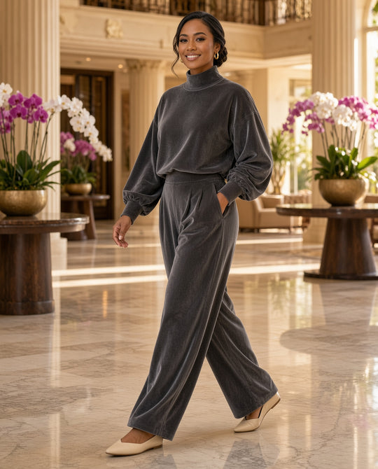 Model wearing the Mock-Neck Balloon-Sleeve Top & Pleated Trouser Set in a resort lobby