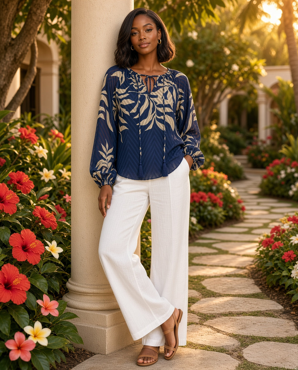 Model wearing the Midnight Tie-Neck Blouse in a resort garden