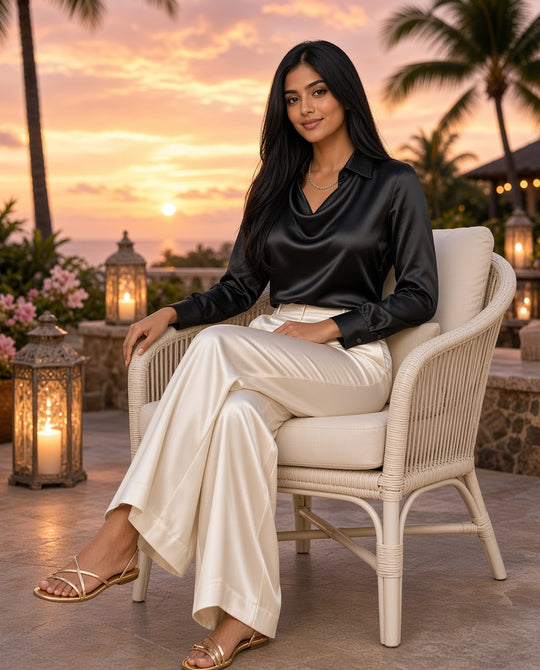 Model wearing the Draped Swing-Collar Satin Blouse seated on a candlelit sunset terrace