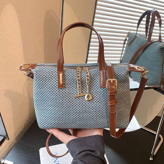 Woven Crossbody Bag with Leather Accents in Blue