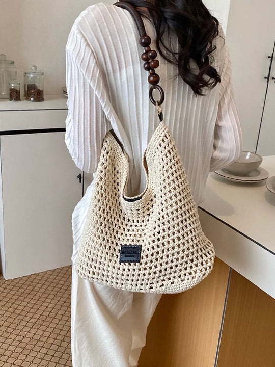 Crochet Knit Shoulder Bag in Cream