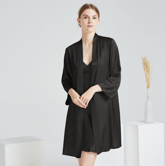 Classic Mulberry Silk Robe & Camisole Set in Black