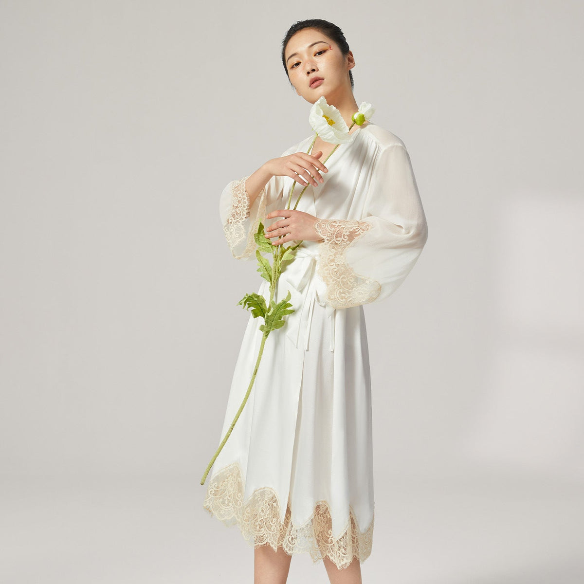 Pearl White Lace-Trim Silk Robe