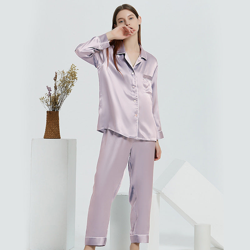 Long-Sleeve Mulberry Silk Pajama Set in Lavender