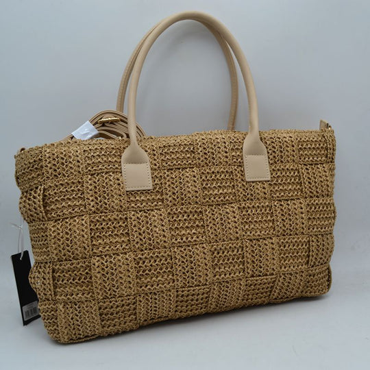 Madeline Woven Tote with Faux-Leather Handles in Beige