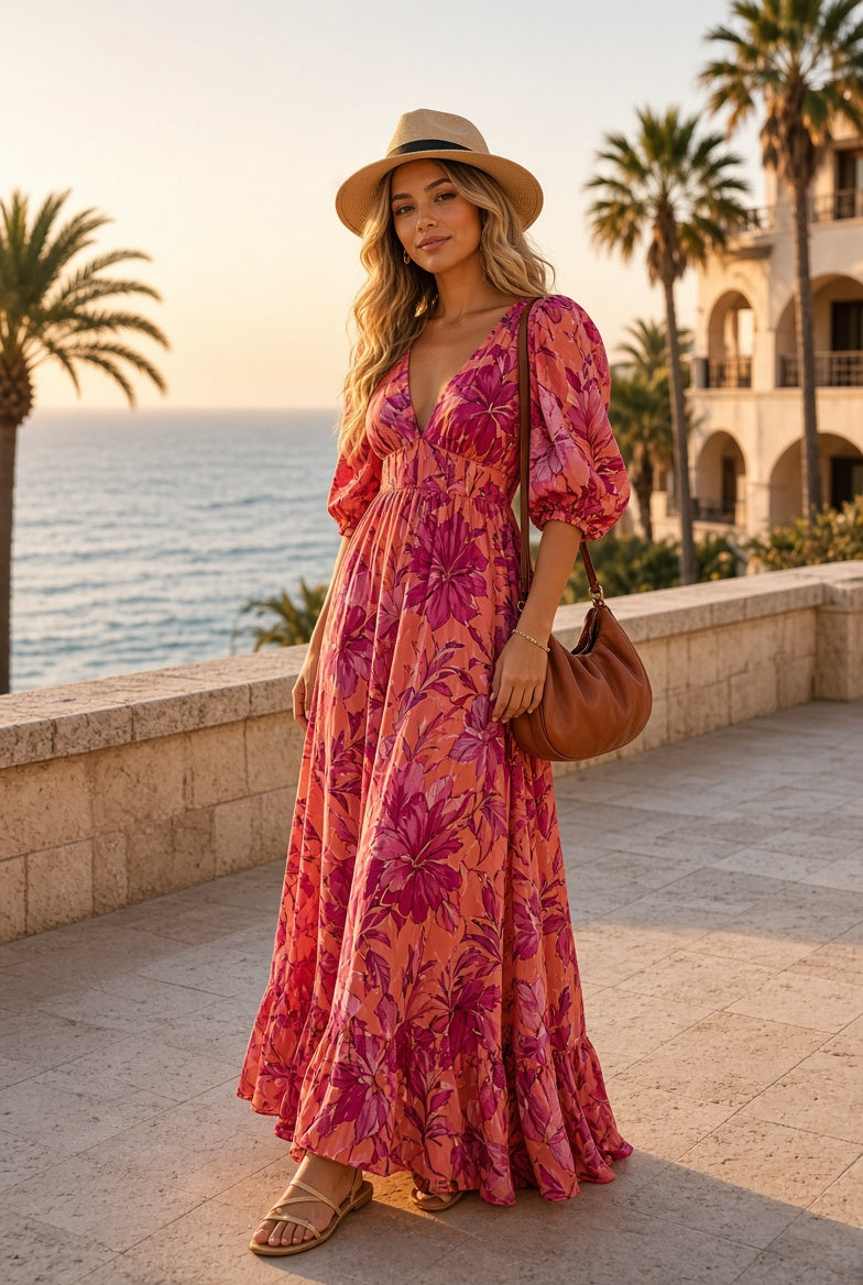 Model wearing the Annara Floral Puff-Sleeve Maxi Dress on a coastal terrace