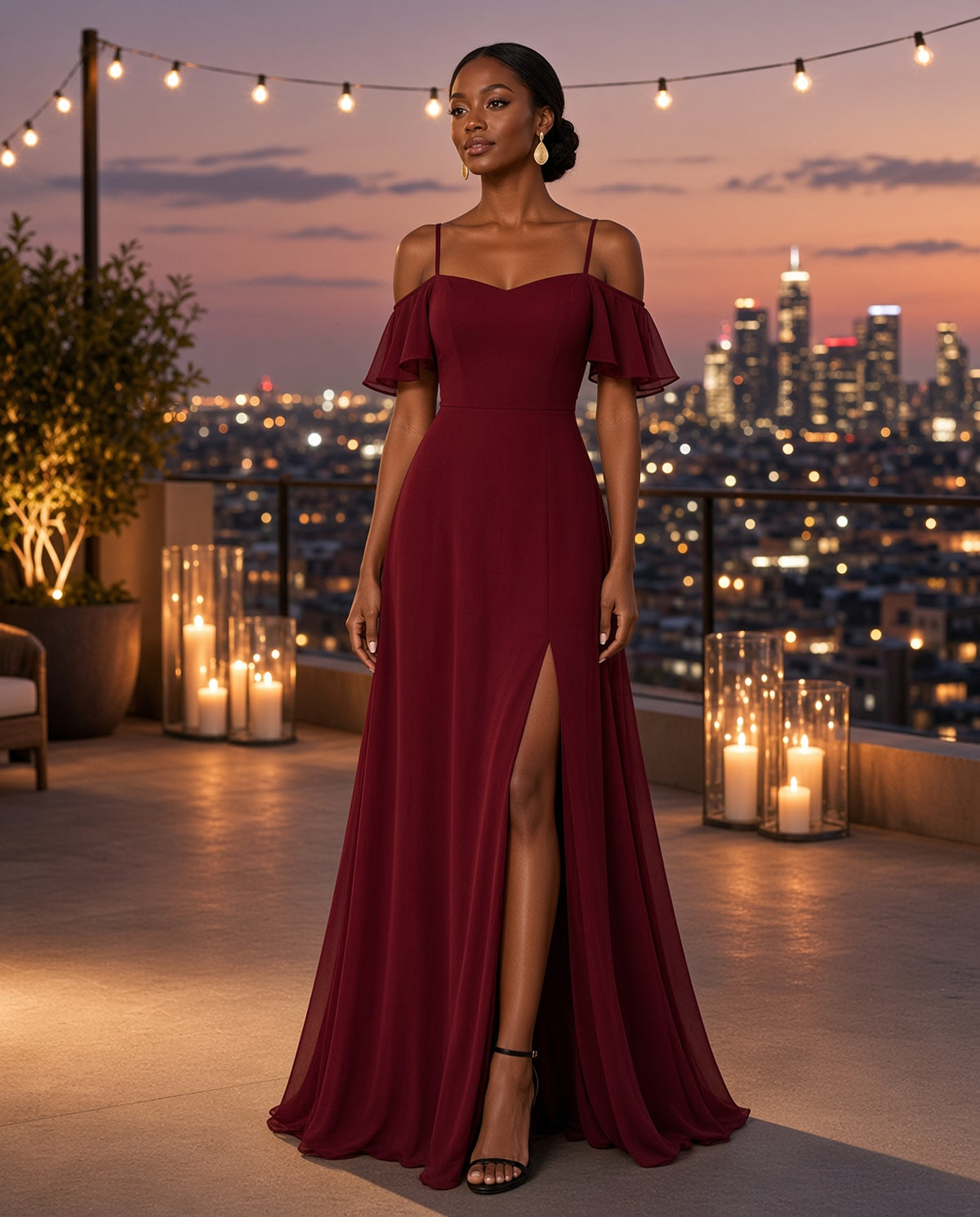 Model wearing the Off-Shoulder Chiffon Evening Gown in Wine Red on a candlelit rooftop at dusk with string lights