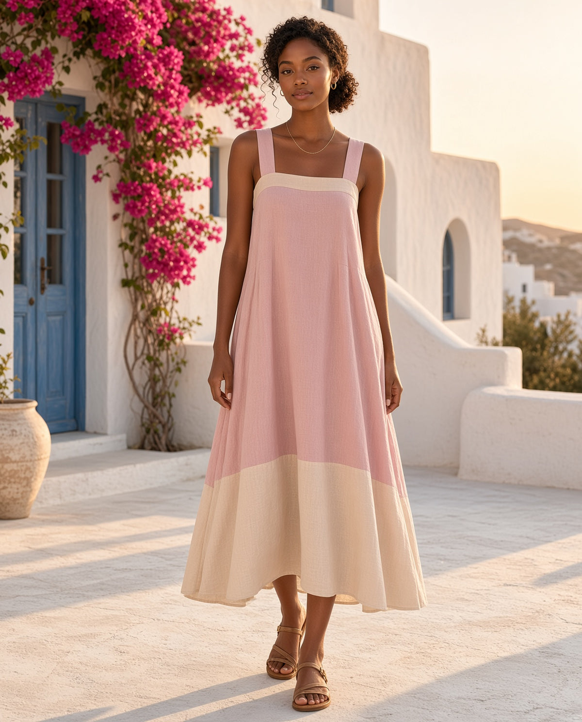 Model wearing the Pastel Color-Block Sleeveless Midi Dress in Light Pink on a whitewashed villa terrace with bougainvillea at golden hour