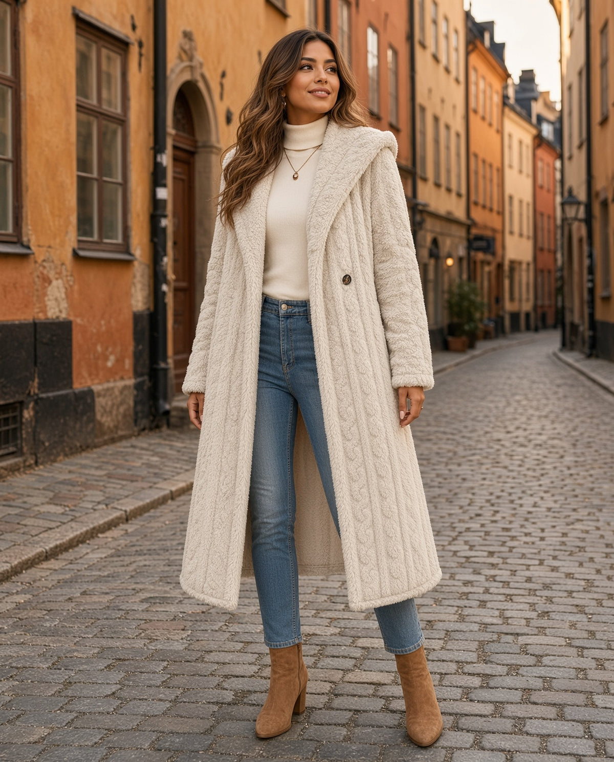 Model wearing the Cozy Hooded Button Up Longline Outerwear in Off-white on a cobbled Stockholm lane