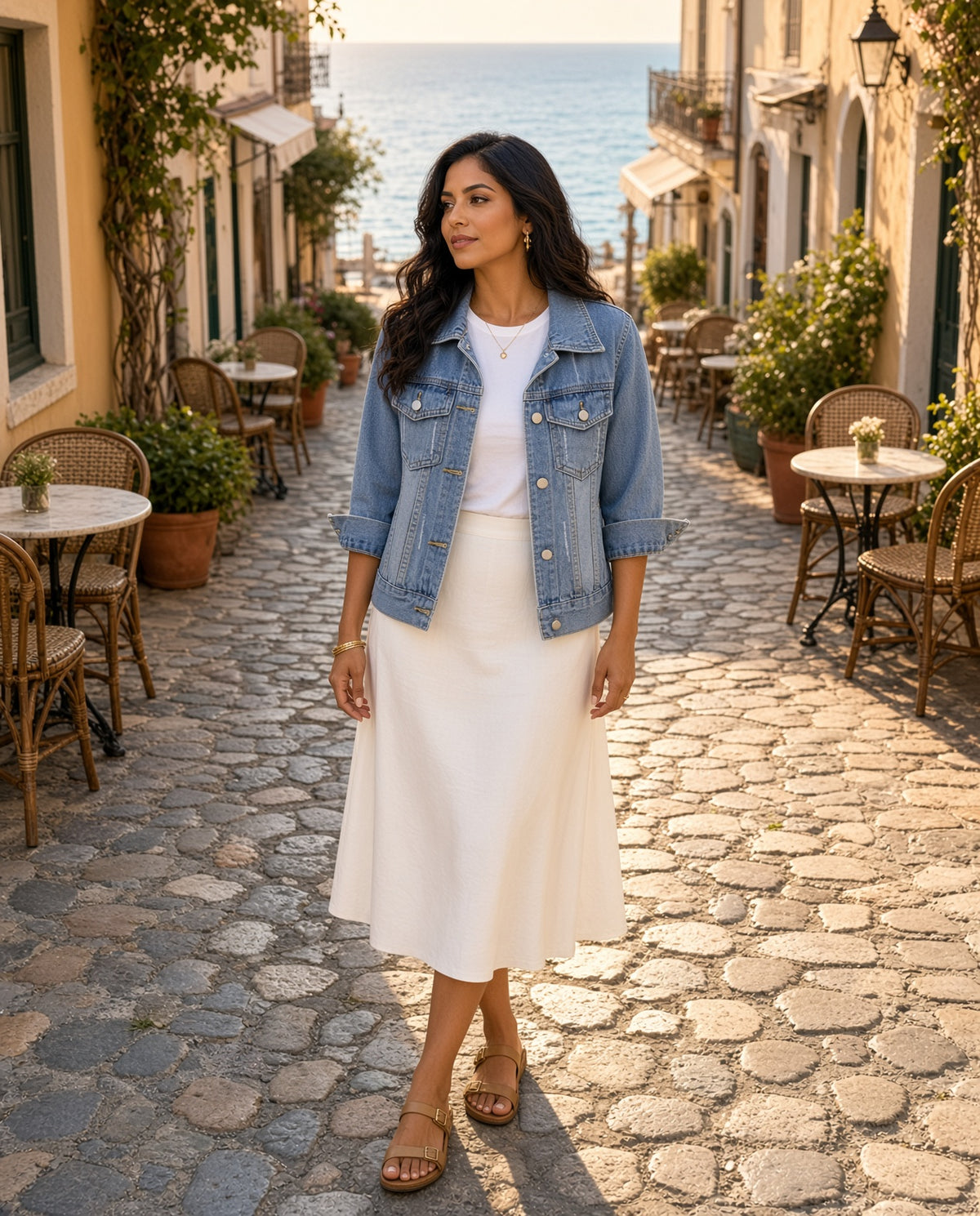 Model wearing the Distressed Elbow-Sleeve Denim Jacket in Light Blue on a seaside cobblestone street with cafe tables at golden hour