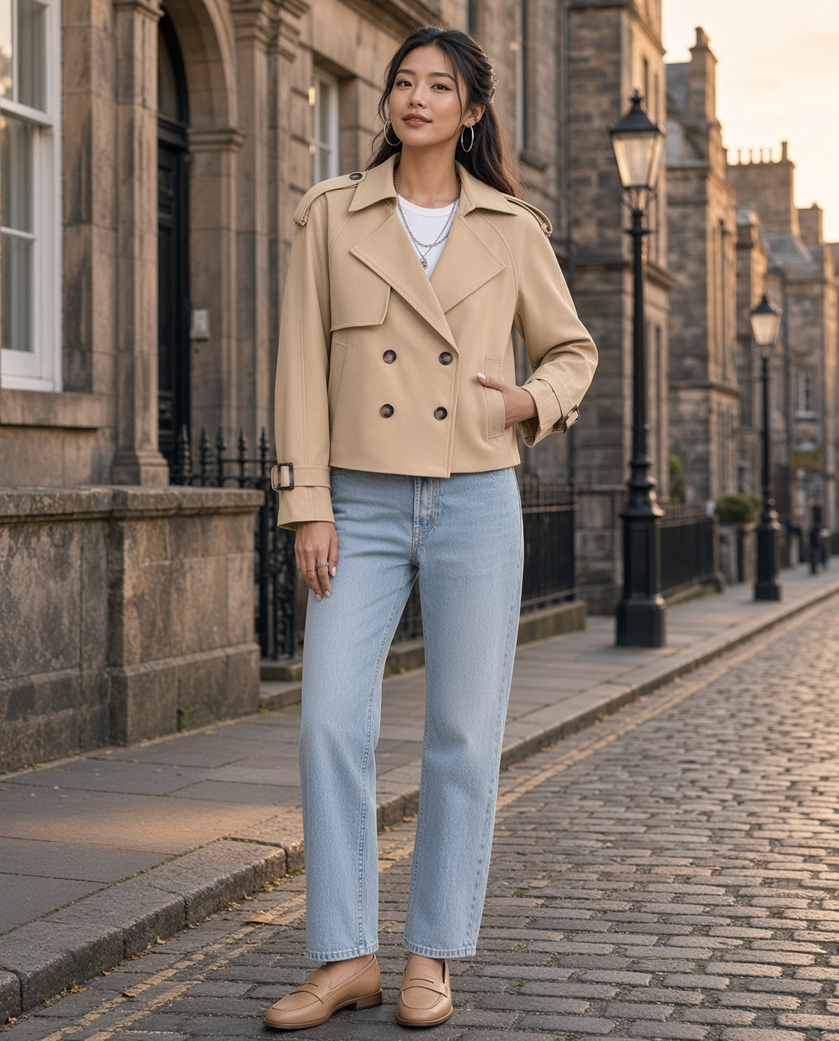 Model wearing the Double-Breasted Cropped Trench Outerwear in Khaki on a historic Edinburgh street