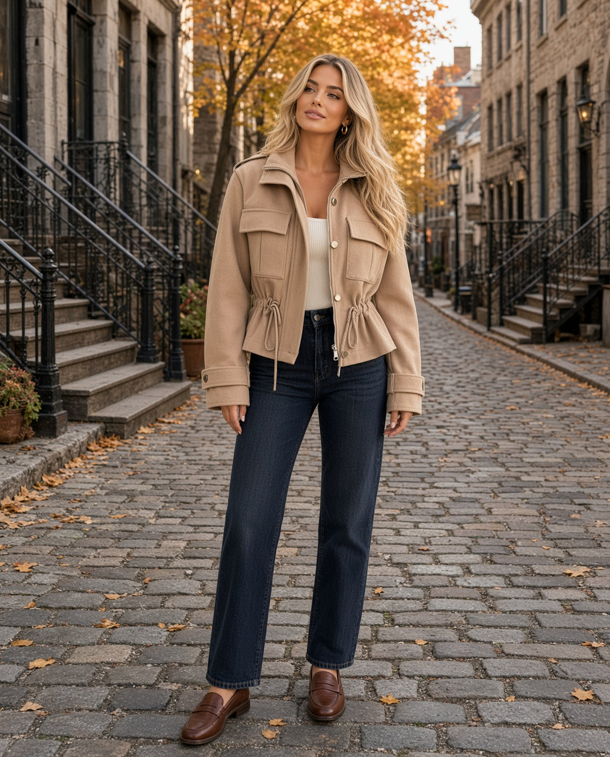 Model wearing the Drawstring Waist Cropped Jacket in Beige on a cobbled Old Montreal street in autumn
