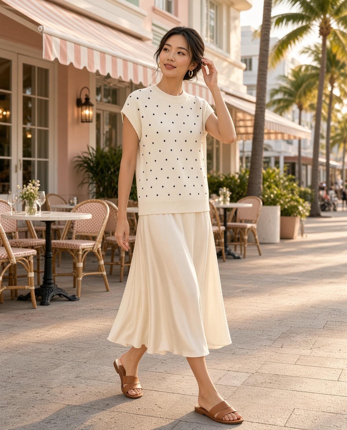 Model wearing the Polka Dot Short Sleeve Sweater in Ivory and Navy at a Miami Art Deco cafe