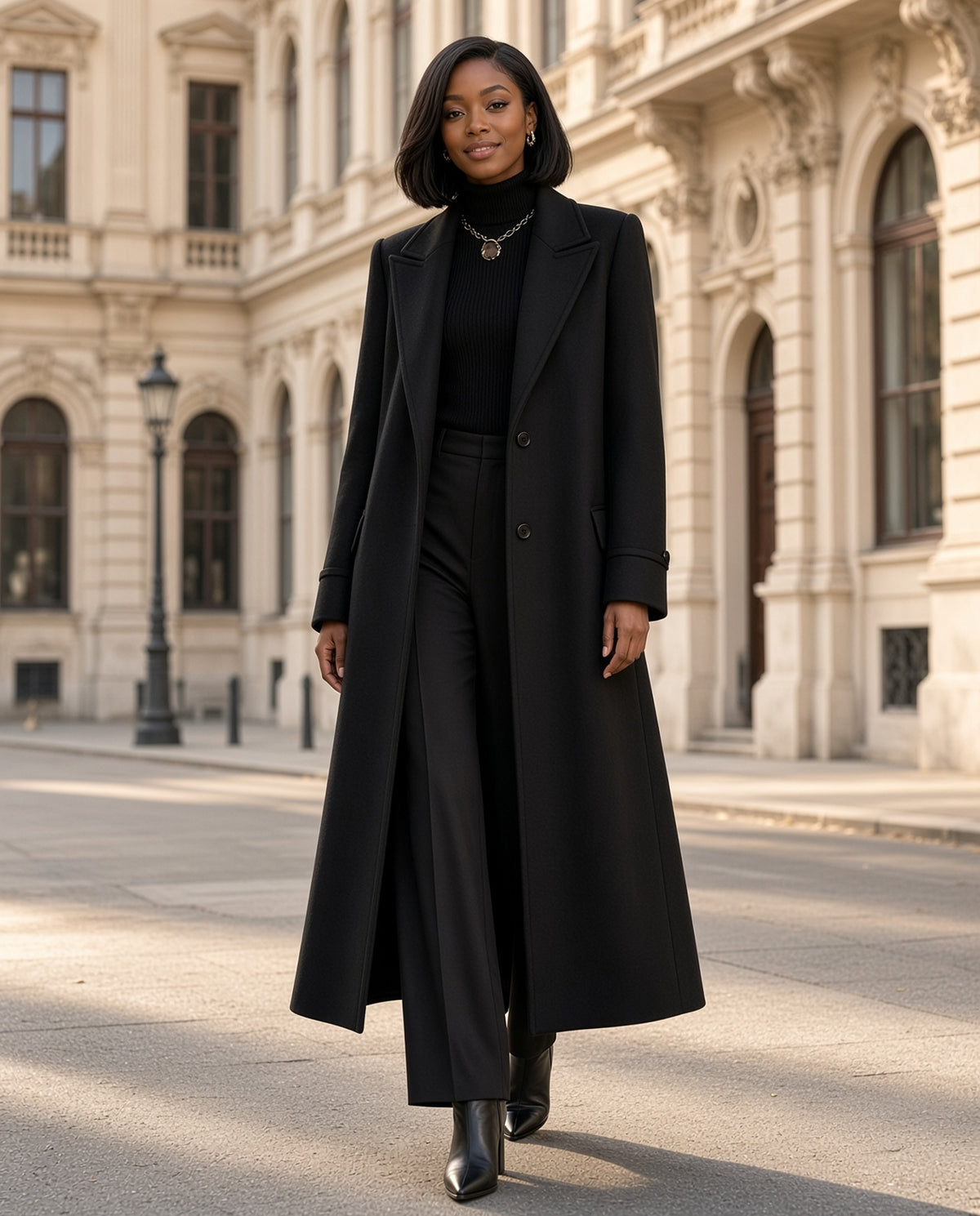 Model wearing the Lapel Collar Longline Coat in Black on an elegant Vienna boulevard