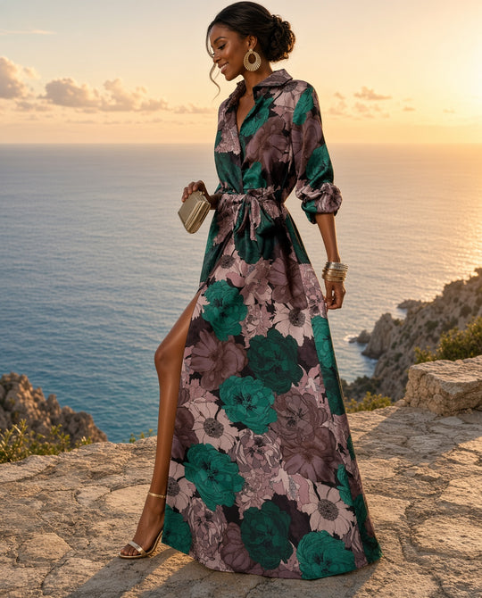 Model wearing the Lily Floral Belted Maxi Dress in Dark Green on a coastal terrace