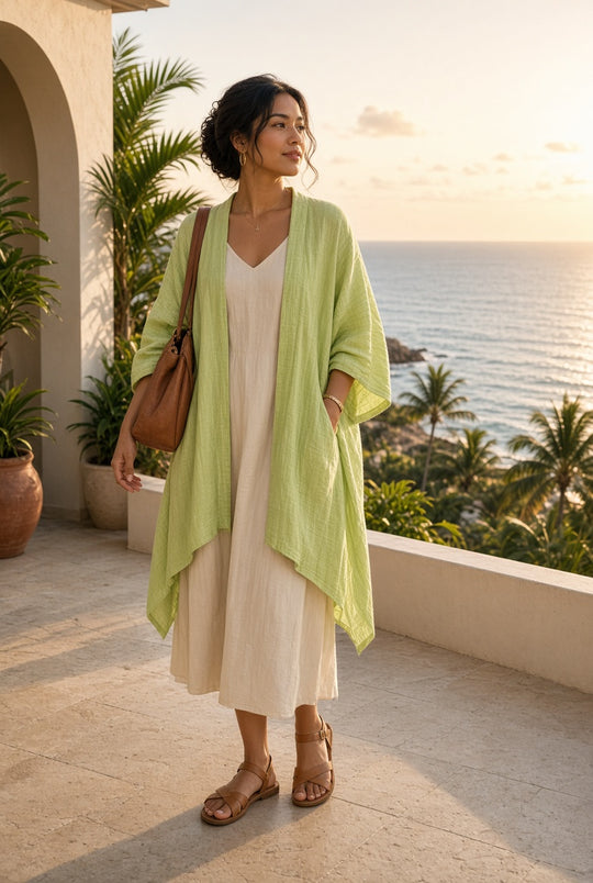 Model wearing the Makana Linen-Blend Kimono Cardigan in Lime Green on a coastal terrace