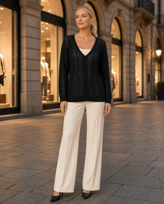 Model wearing the Openwork V-Neck Knit Cardigan in Black on an elegant Milan street at dusk