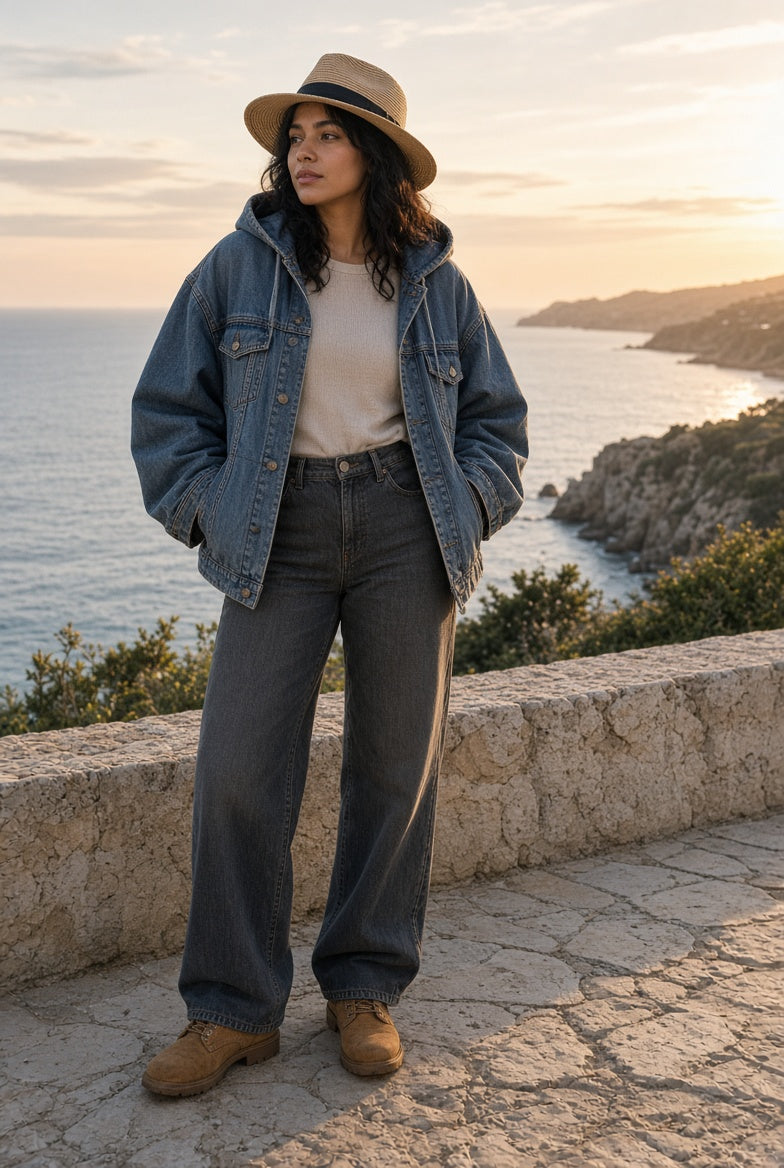 Model wearing the Oversized Hooded Zip-Up Denim Jacket in Light Blue on a coastal terrace