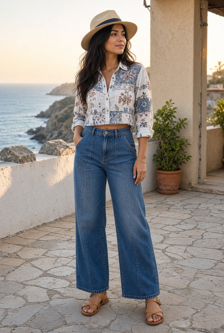 Model wearing the High-Rise Patch-Pocket Wide-Leg Jeans in Medium on a coastal terrace
