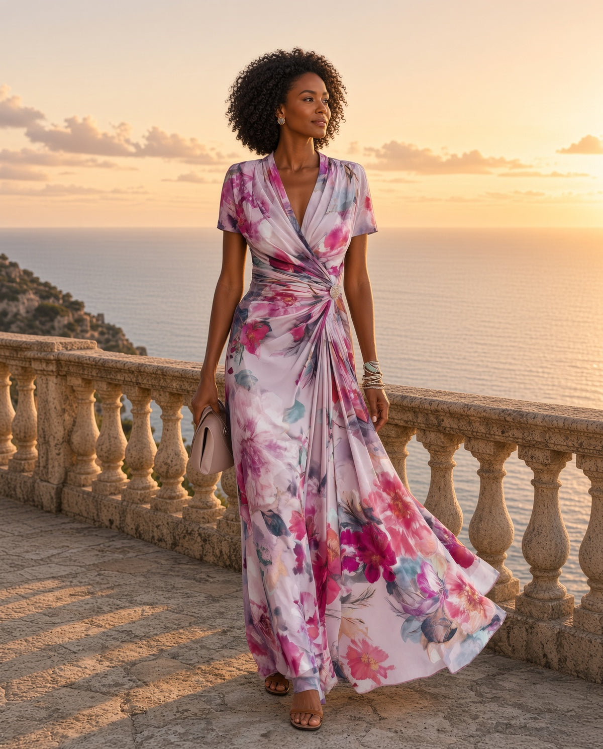 Model wearing the Pikake Floral Ruched Short-Sleeve Maxi Dress in Moonlit Mauve on a coastal terrace