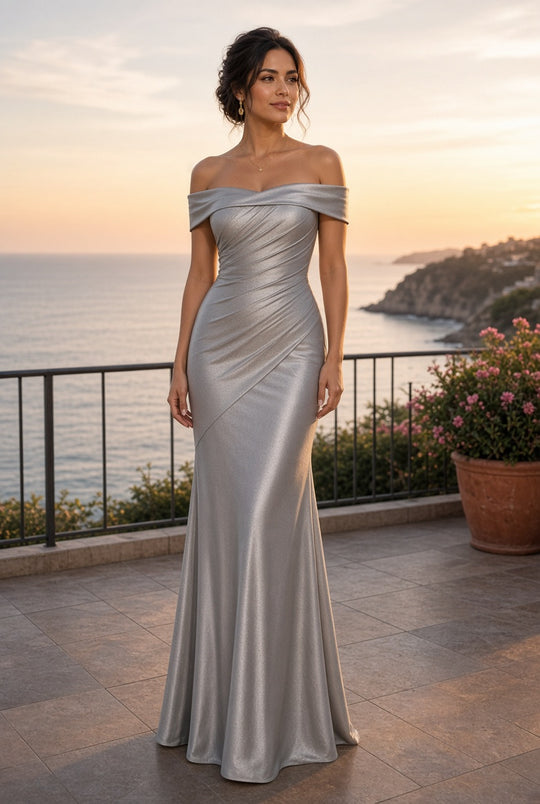 Model wearing the Pleated Off-Shoulder Evening Maxi Dress in Gray on a coastal terrace