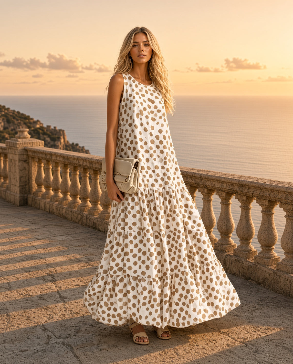 Model wearing the Poipu Polka Dot Tiered Maxi Dress in Beige on a coastal terrace