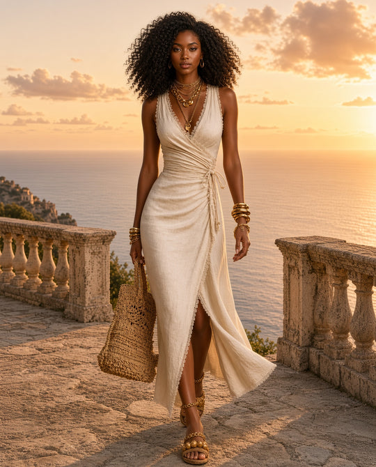 Model wearing the Pua Lace-Trim Wrap Midi Dress in Beige on a coastal terrace