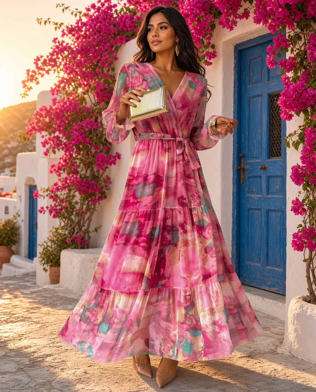 Model wearing the Rose Floral Long-Sleeve Wrap Maxi Dress in Rose Red on a coastal terrace