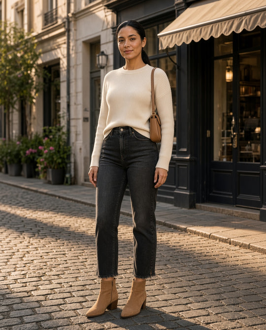 Model wearing the Stetson 915 High-Rise Straight Crop Jeans in Black with a cream knit sweater on a cobblestone street with a cafe awning at golden hour