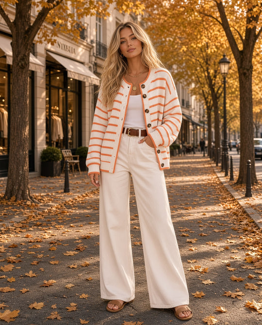 Model wearing the Striped Button-Down Knit Cardigan in White on a tree-lined autumn boulevard by a boutique storefront