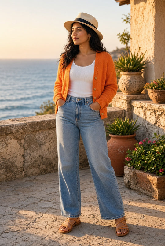 Model wearing the Island Evening Button-Down Knit Cardigan in Tangerine on a coastal terrace