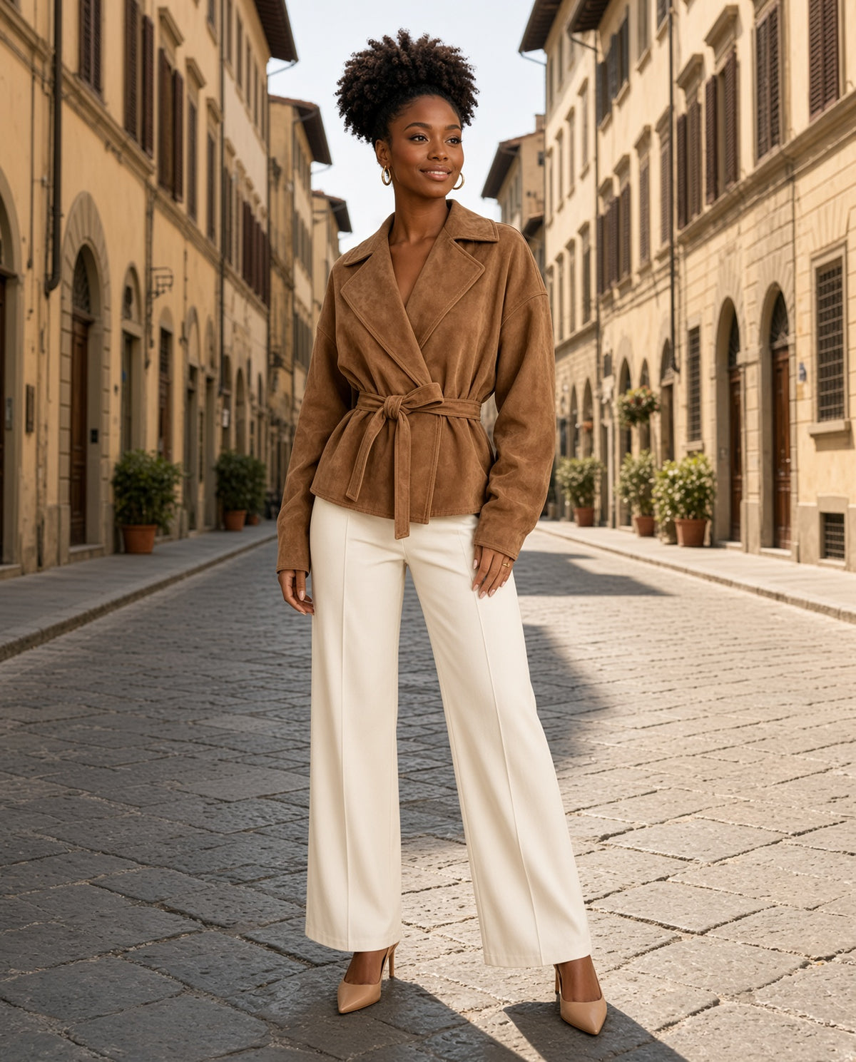 Model wearing the Tie-Waist Lapel Collar Jacket in Camel on a golden-stone Florence street