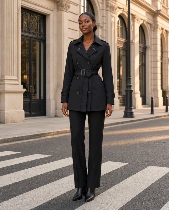 Model wearing the Classic Short Trench Coat in Black at a city crosswalk with elegant stone architecture