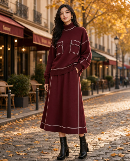 Model wearing the Turtleneck Knit Top & A-Line Midi Skirt Set in Wine Red on a Parisian side street in autumn