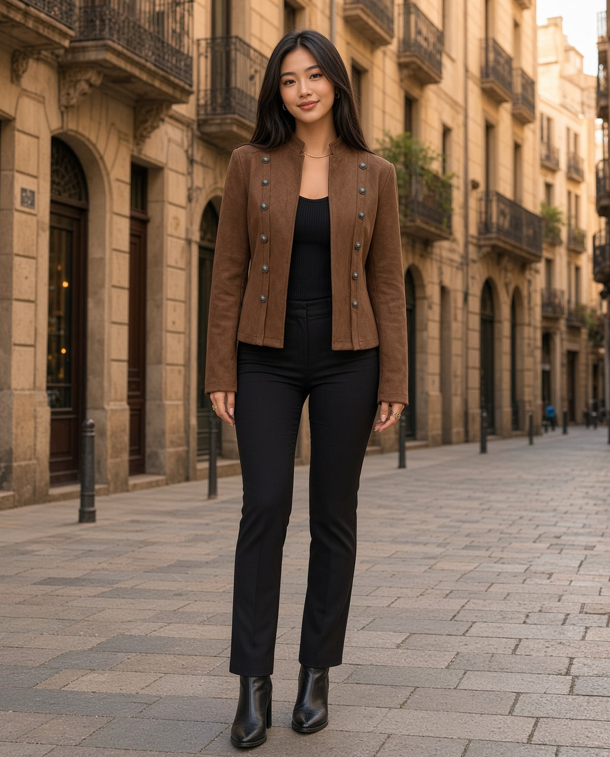 Model wearing the Vintage Stand Collar Cropped Jacket in Coffee Brown on a Barcelona Gothic Quarter street