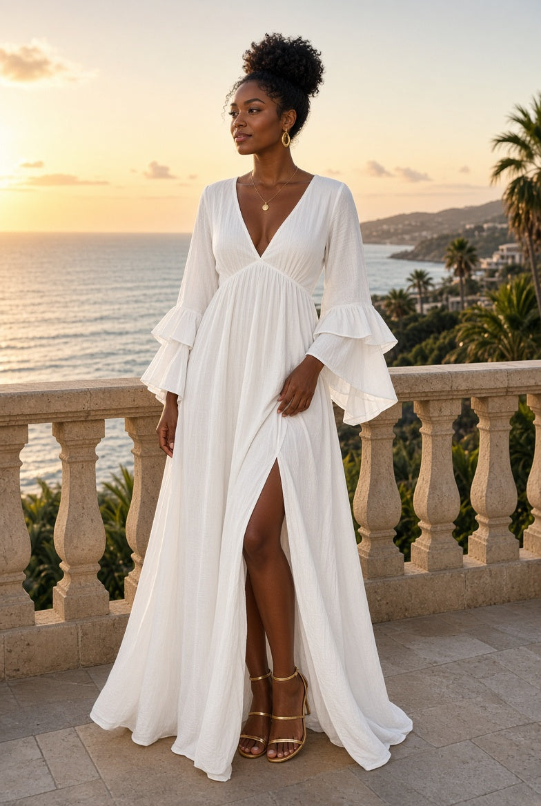 Model wearing the Wailea Ruffle-Sleeve High-Slit Maxi Dress in White on a coastal terrace
