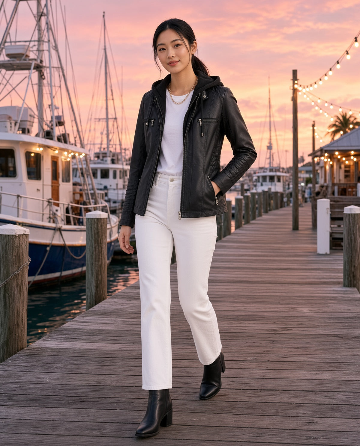 Model wearing the Faux Leather Hooded Moto Jacket in Black on a Key West marina boardwalk at sunset