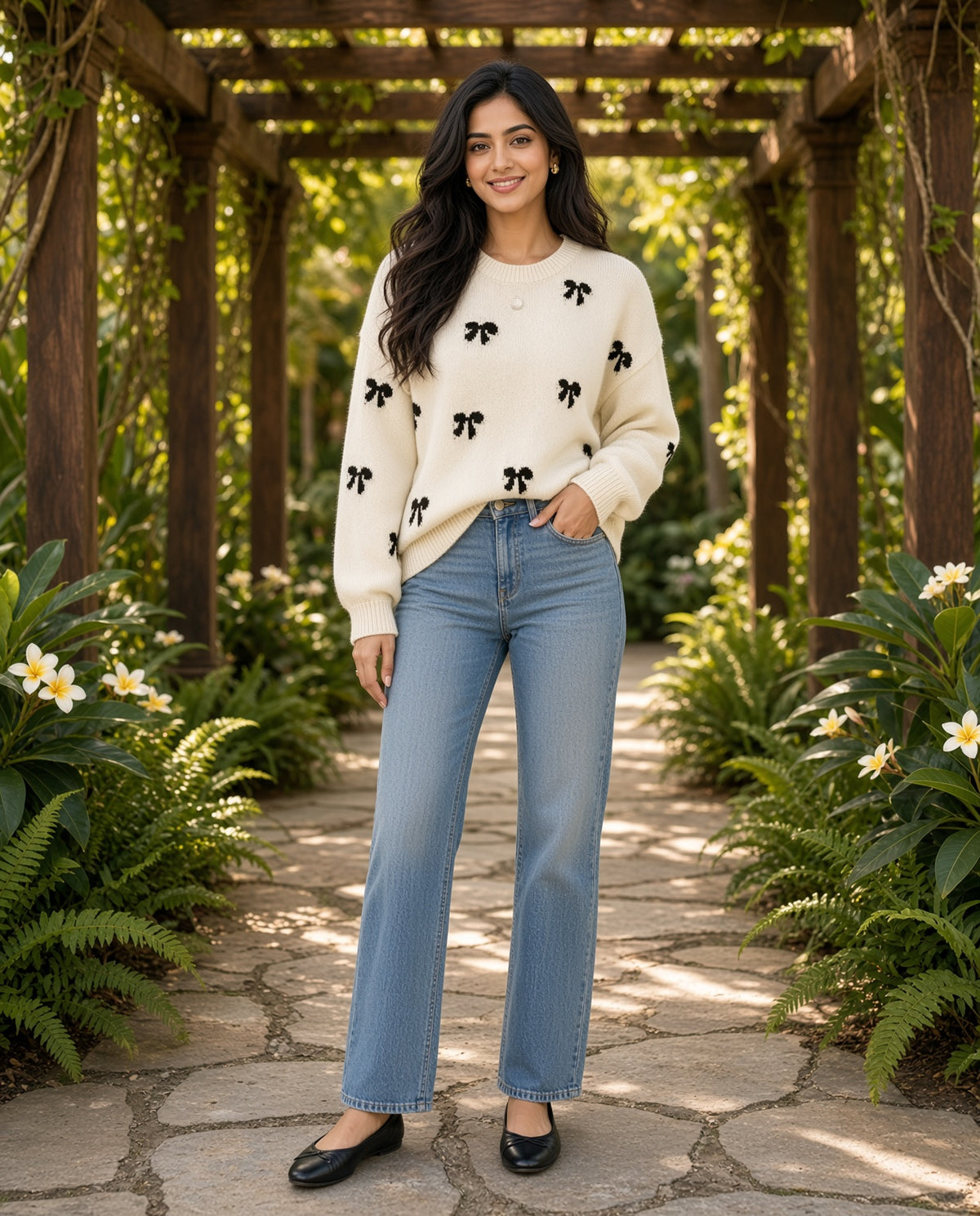 Model wearing the Bow Round-Neck Dropped-Shoulder Sweater with jeans in a garden pergola