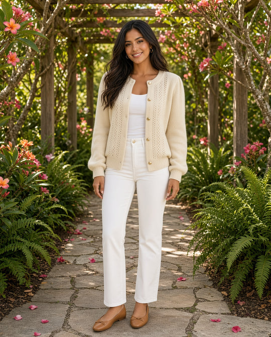 Model wearing the Button-Down Eyelet Long-Sleeve Cardigan in cream with white jeans on a garden path