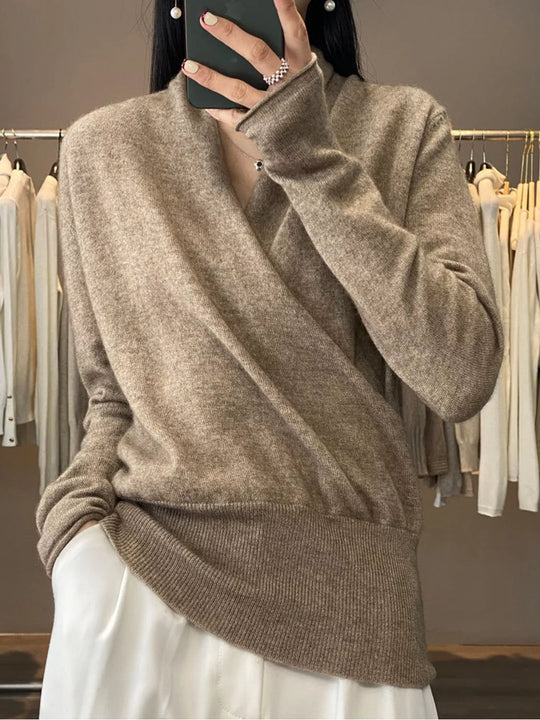 Crossover Wrap-Front Wool Sweater in Camel, White, Black