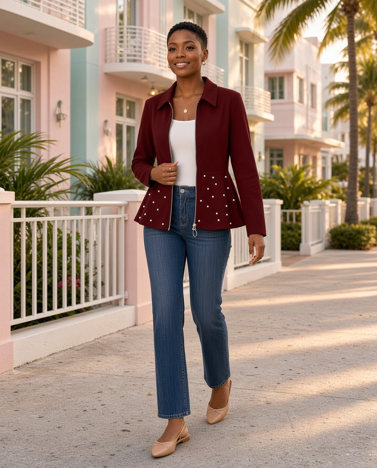 Model wearing the Pearl Embellished Zip-Up Peplum Jacket in burgundy on a Miami Art Deco hotel veranda