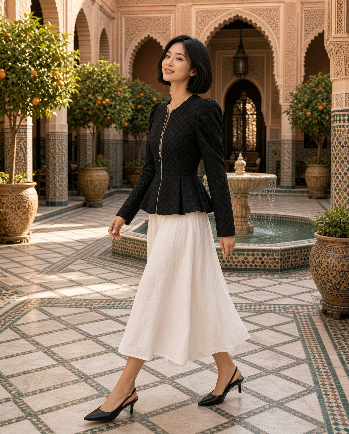 Model wearing the Puff Sleeve Textured Jacquard Jacket in black in a Marrakech riad courtyard