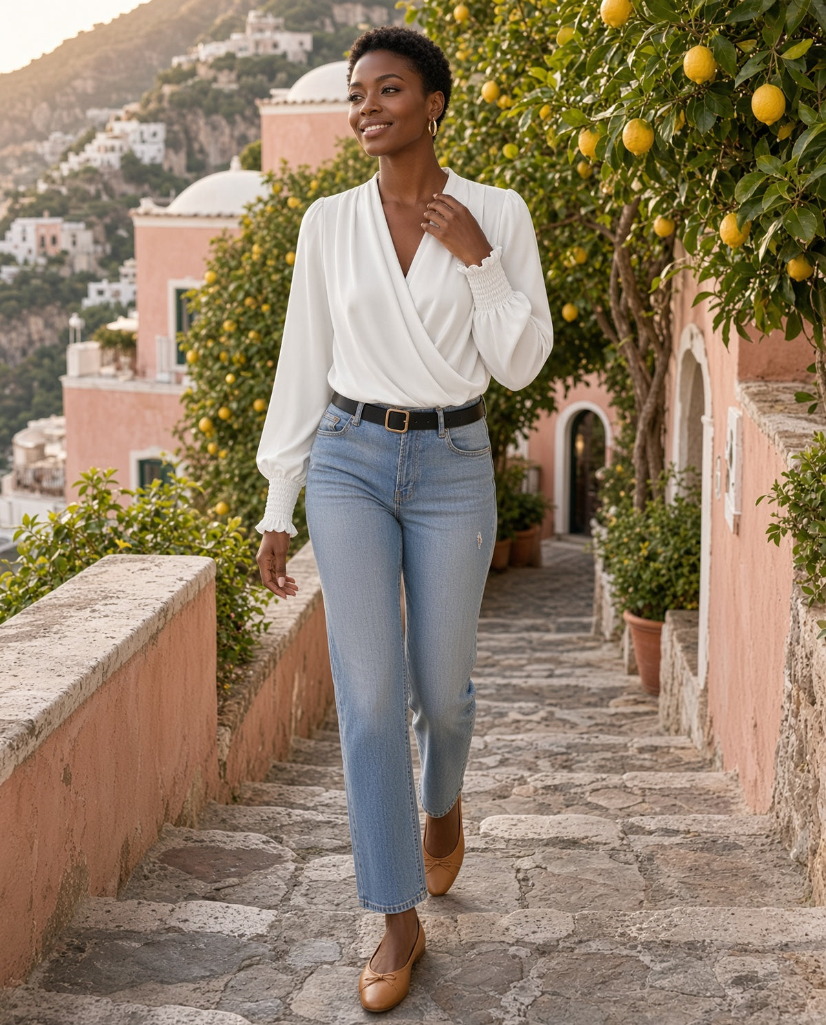 Model wearing the Ruched Surplice Long Sleeve Blouse in white on Positano stone steps