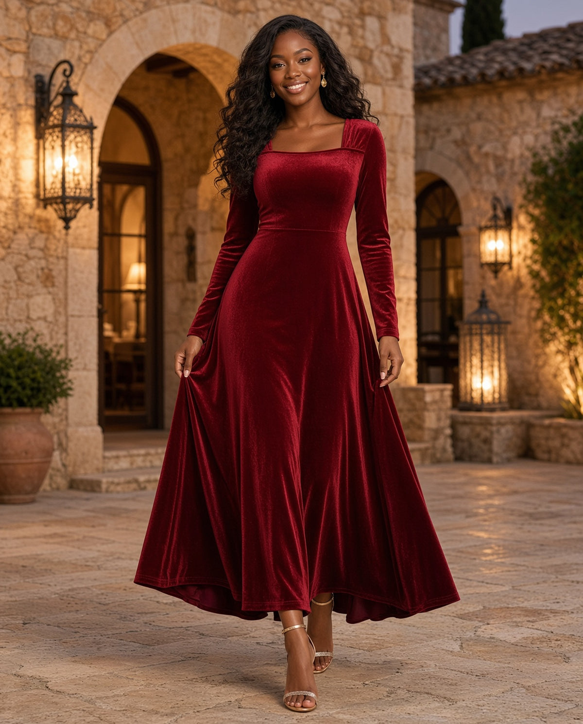 Model wearing the Velvet Square-Neck Long-Sleeve Dress in wine red in a Mediterranean villa courtyard at dusk