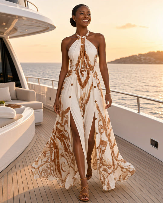 Model wearing the White and Rust Printed Halter Maxi Dress on a yacht deck at sunset