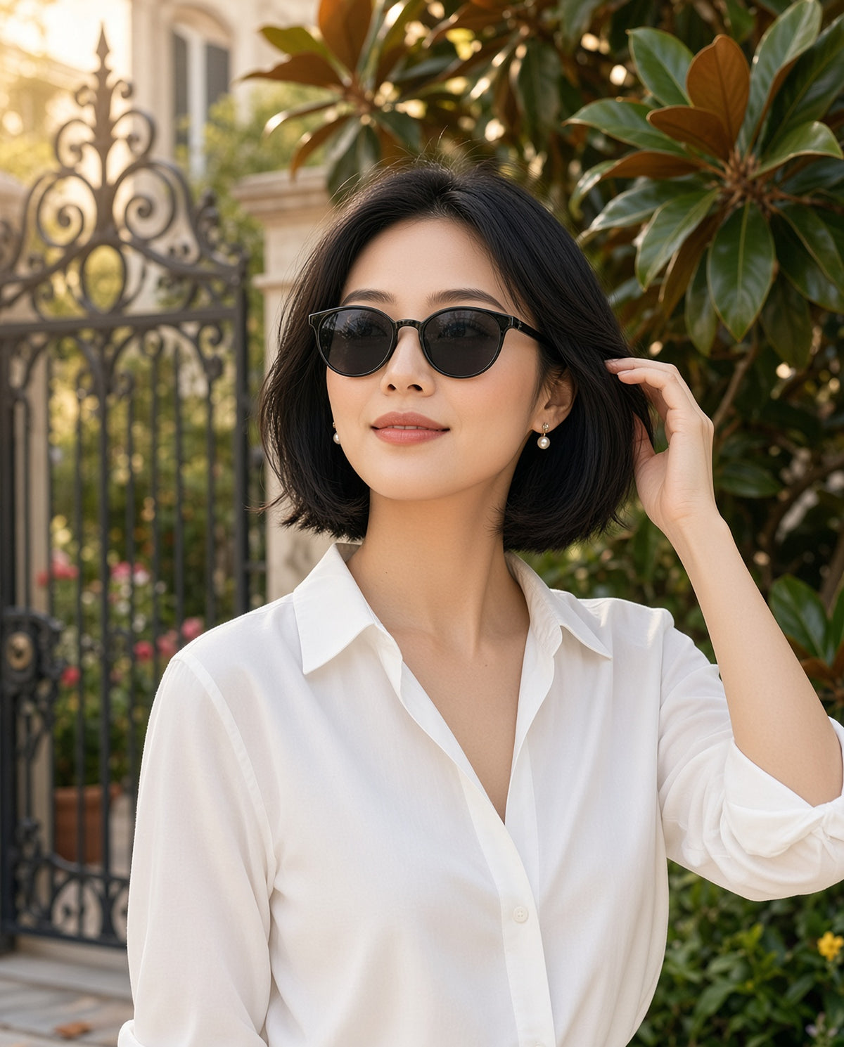 Model wearing the Black Round UV Protection Sunglasses in a Charleston courtyard