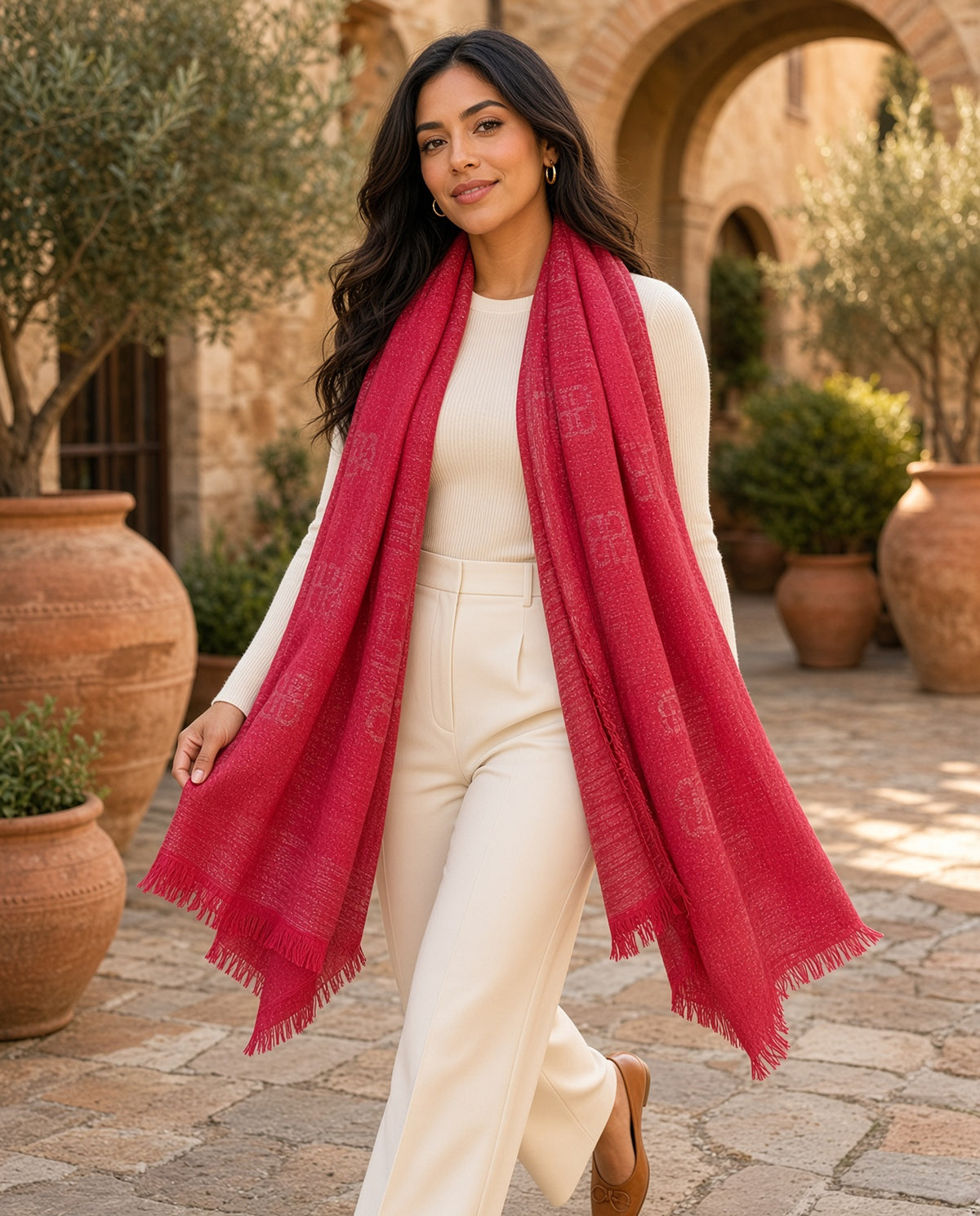 Model wearing the Red Raw Hem Scarf over a cream knit and trousers in a Tuscan courtyard