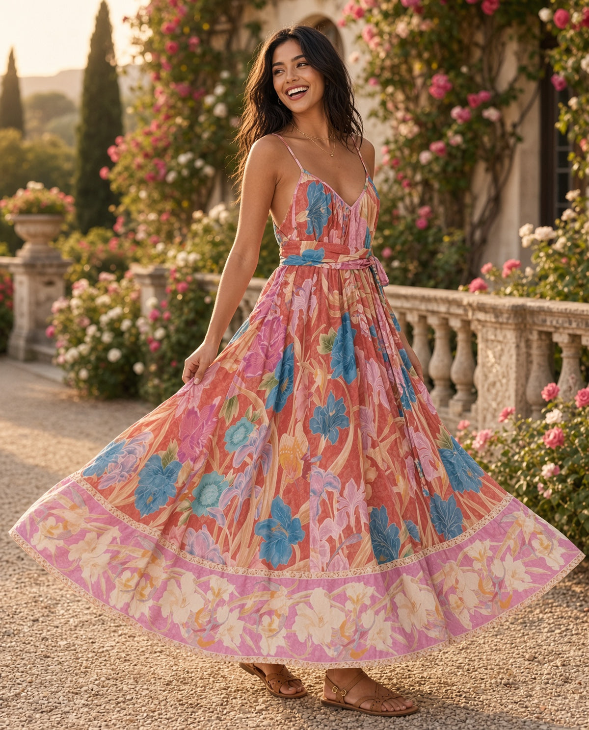 Model wearing the Blush Floral Spaghetti Strap Maxi Dress in a rose garden